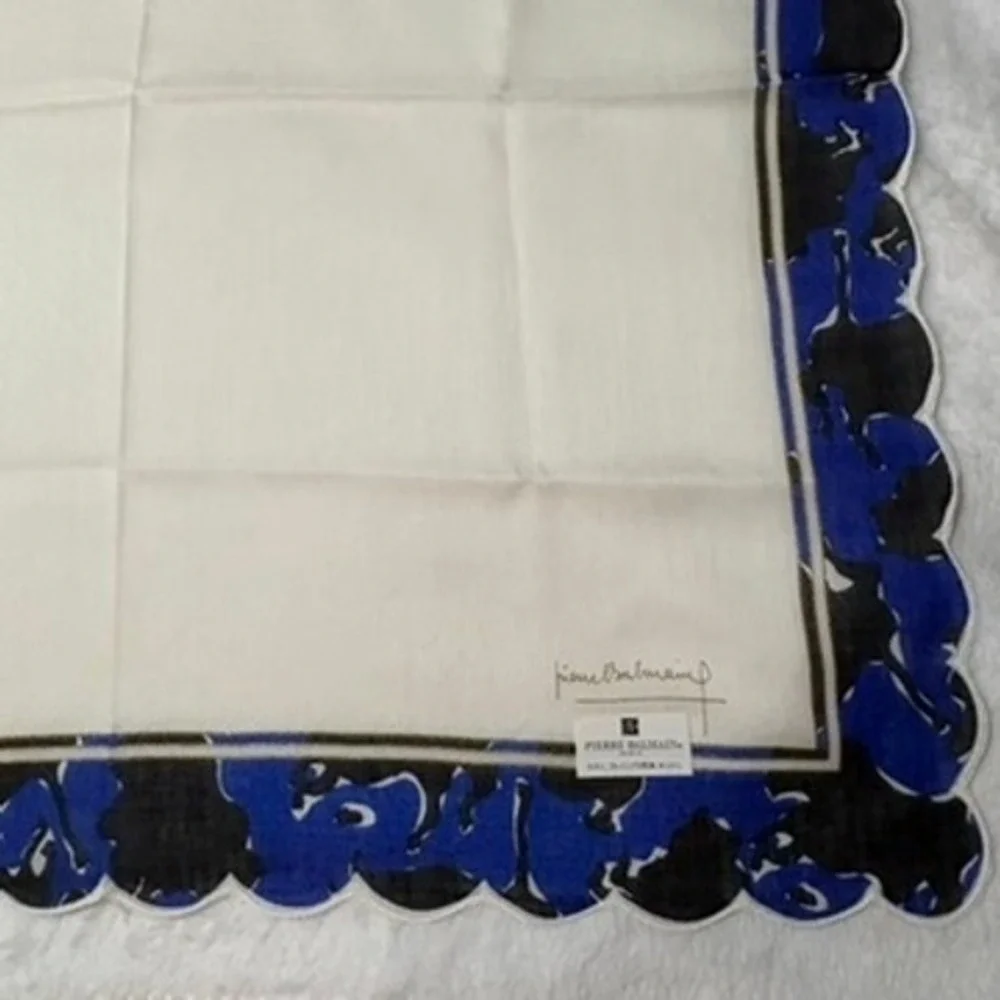Vtg PIERRE BALMAIN Scarf Handkerchief Abstract Floral Cotton White Blue 17